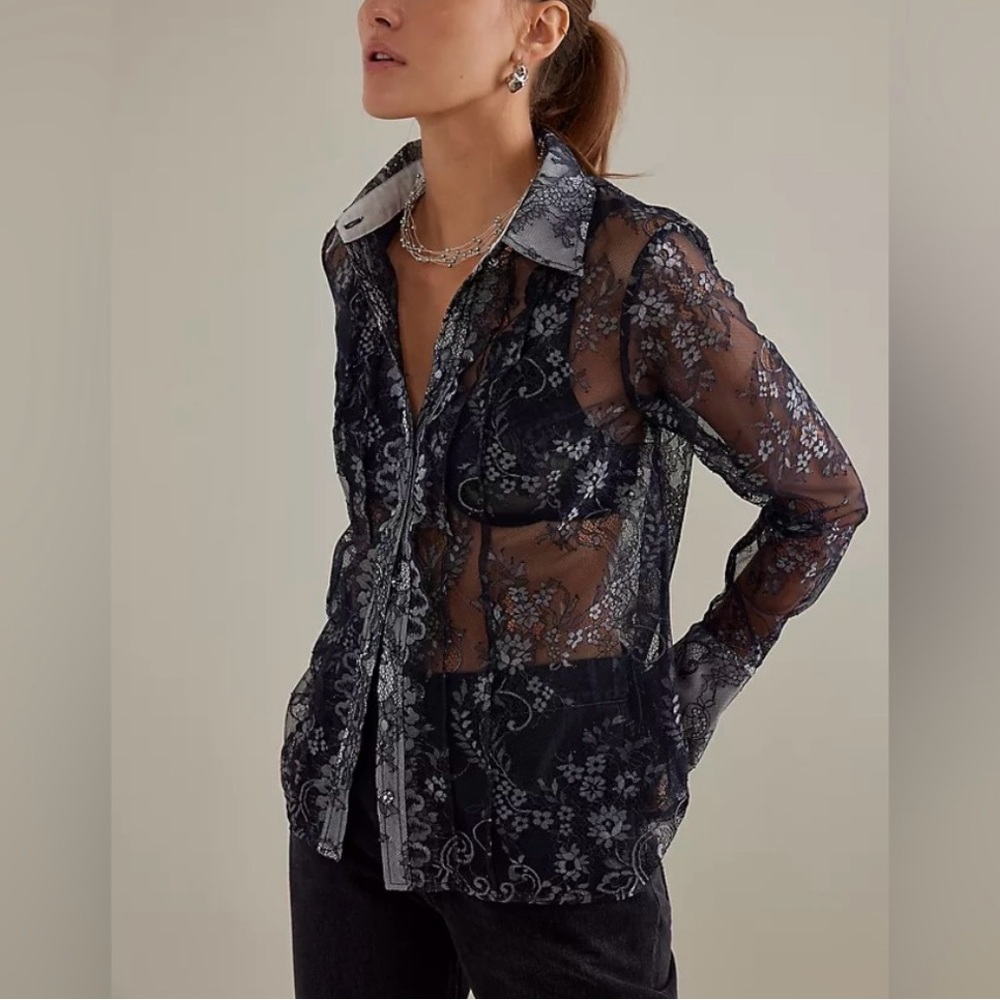 Anthropologie Maeve Metallic Lace Button Down Blouse